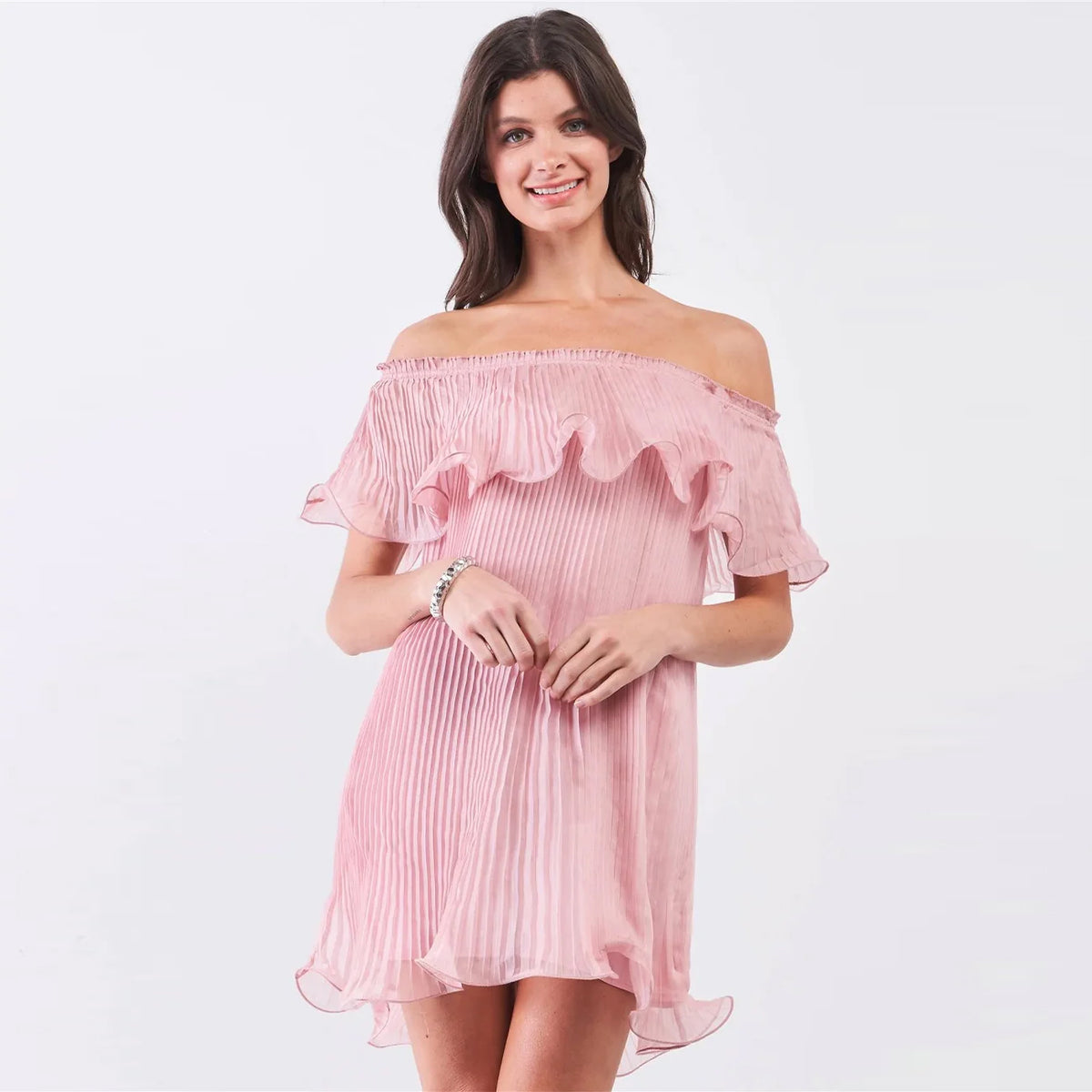 Pink Pleated Off-the-shoulder Frill Trim Mini Dress