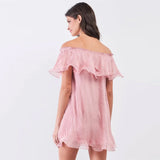 Pink Pleated Off-the-shoulder Frill Trim Mini Dress