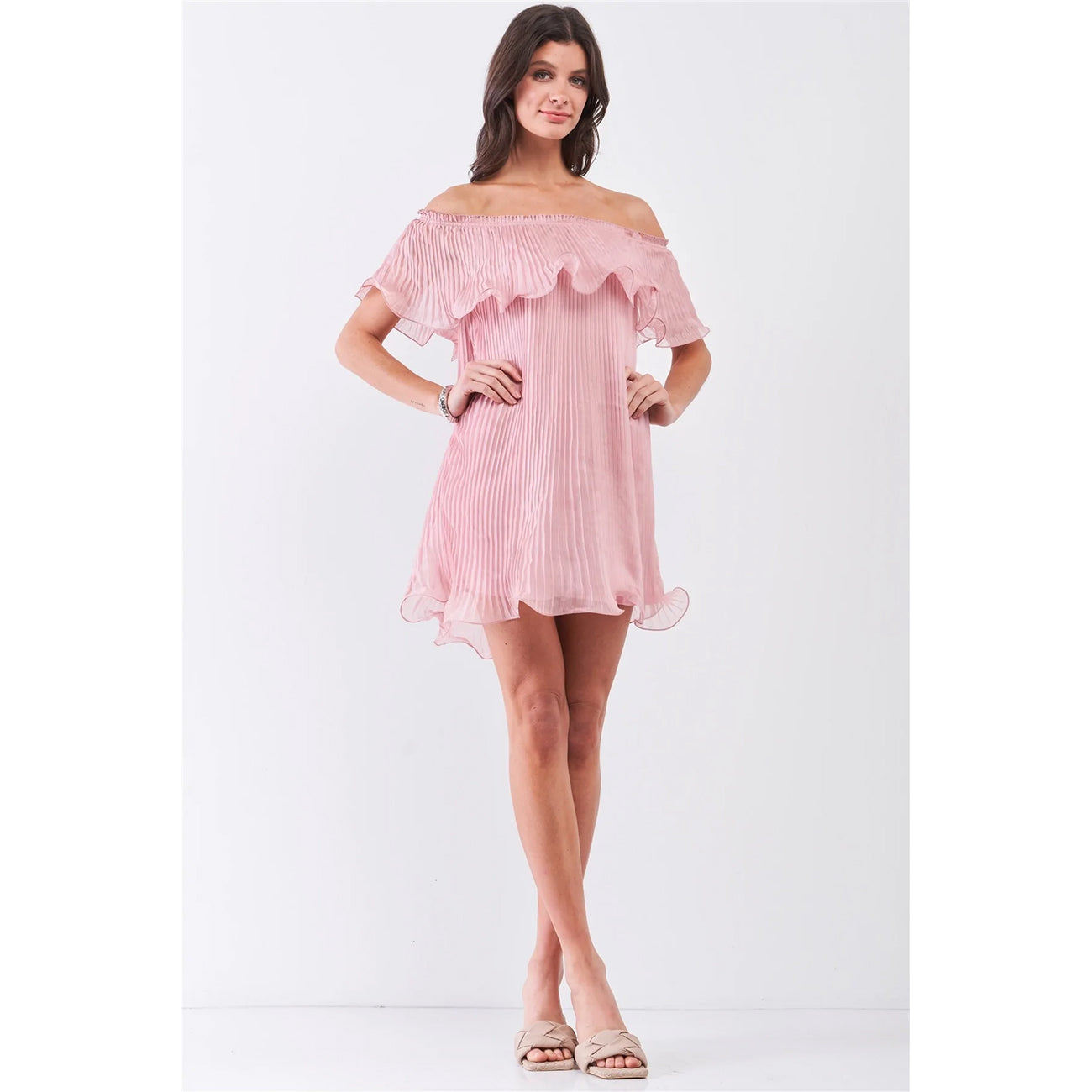 Pink Pleated Off-the-shoulder Frill Trim Mini Dress