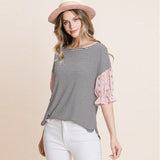 Pink Sleeve Cute Striped Curved Hem Casual Top