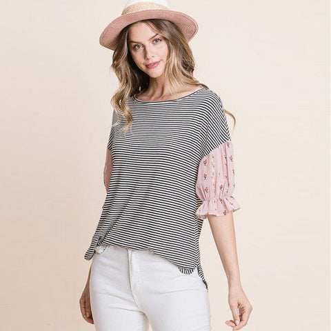 Pink Sleeve Cute Striped Curved Hem Casual Top