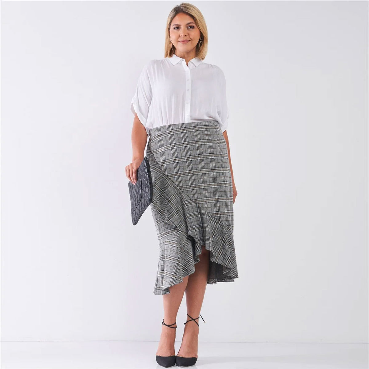 Plaid Grey High-waist Plus Size Women's Midi Skirt