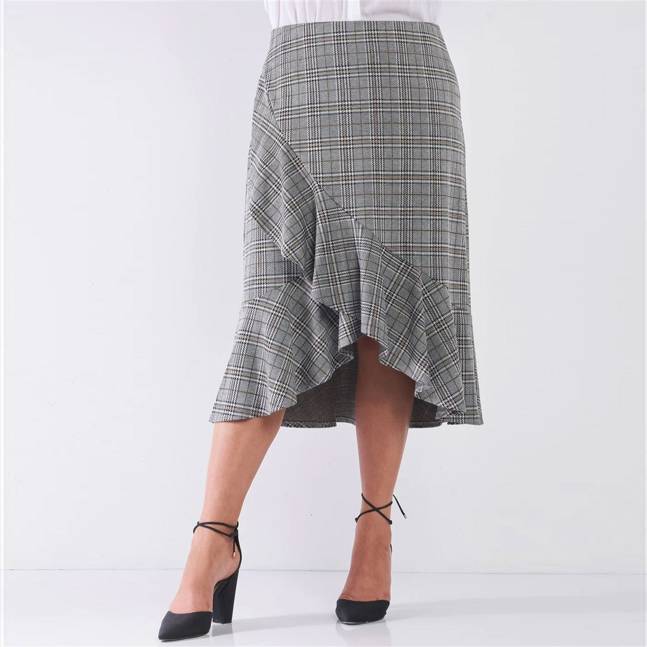 Plaid Grey High-waist Plus Size Women's Midi Skirt