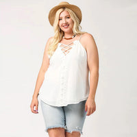 Plunging V-neckline Lattice Women's Top With Scalloped Lace