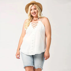 Plunging V-neckline Lattice Women's Top With Scalloped Lace