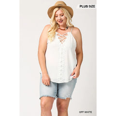 Plunging V-neckline Lattice Women's Top With Scalloped Lace