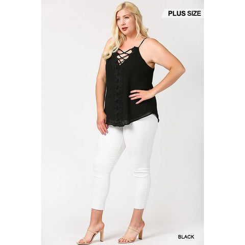 Plunging V-neckline Lattice Women's Top With Scalloped Lace