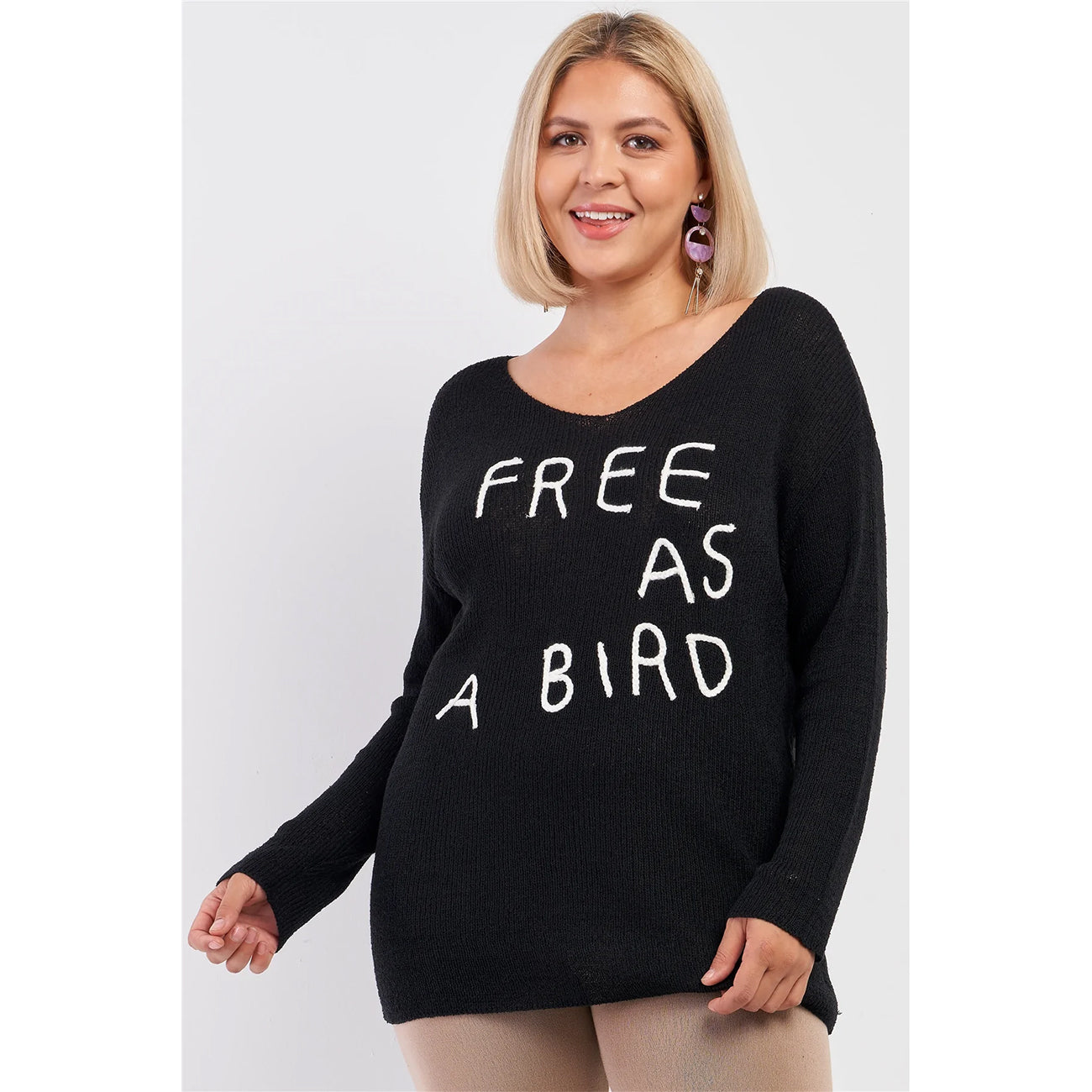 Plus "free As A Bird" Logo Knit Sweater - Black