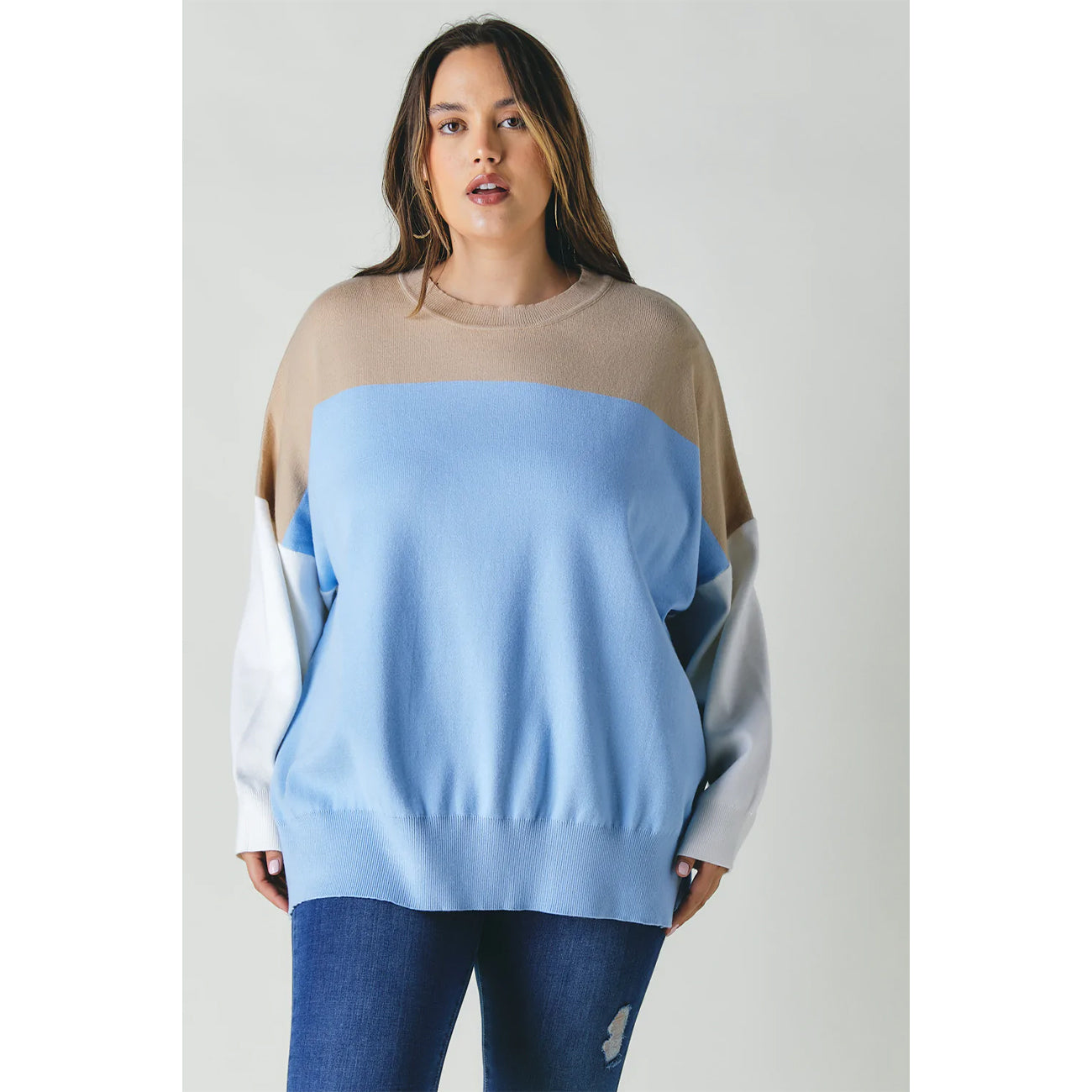 Plus Round Neck Oversized Sweater - Blue