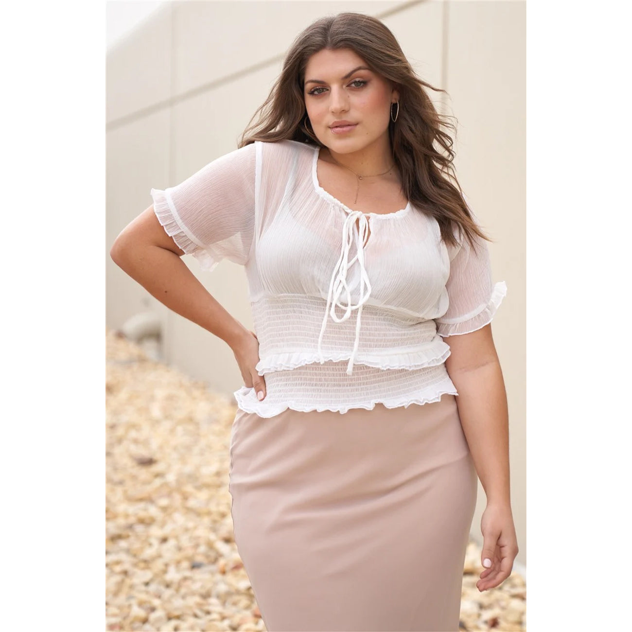 Plus Short Sleeve U-neck with Self-tie Detail Frill Smocked Sheer Top