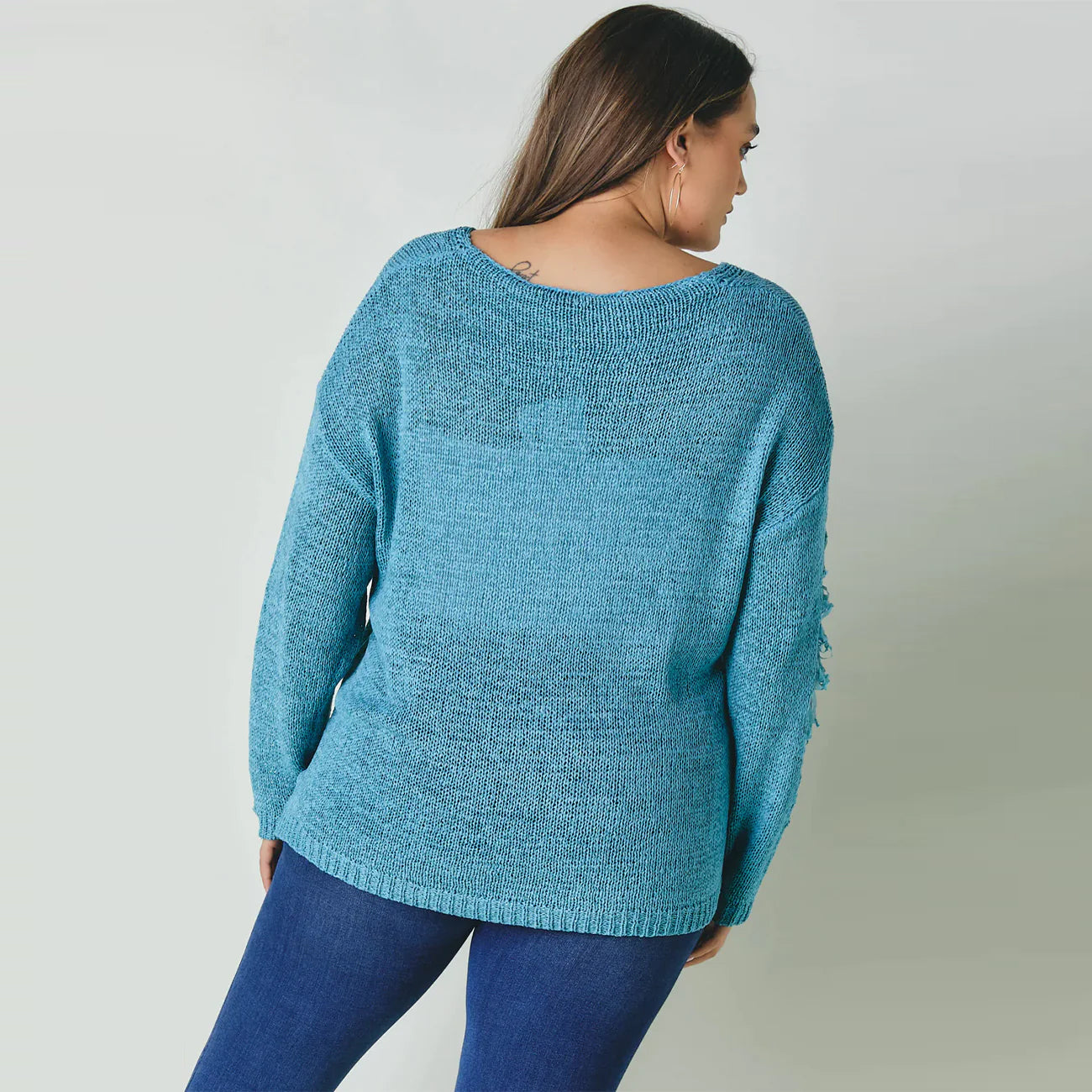 Plus Solid Round Neck Sweater - Blue