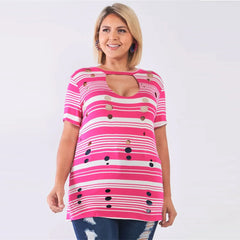 Plus Striped And Distressed Cut-out Women's Top