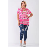 Plus Striped And Distressed Cut-out Women's Top