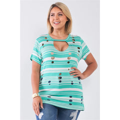 Plus Striped And Distressed Cut-out Women's Top