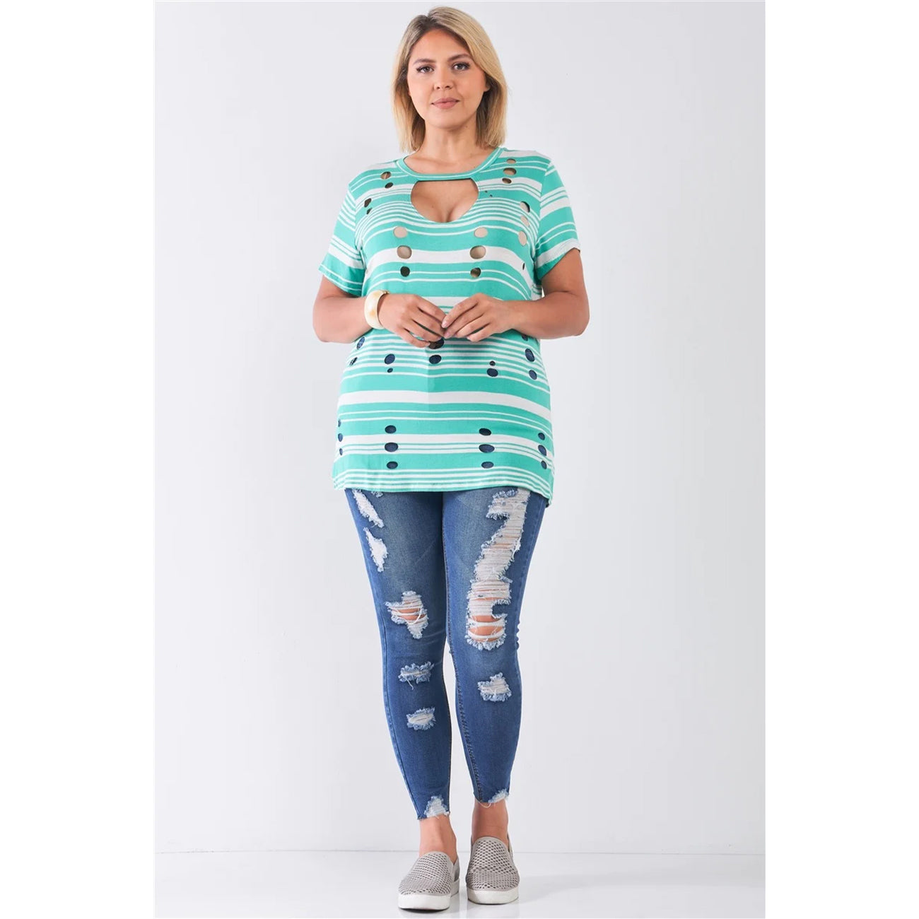 Plus Striped And Distressed Cut-out Women's Top