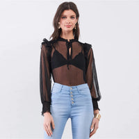 Polka Dot Frill Trim Long Sleeve Bodysuit - Black