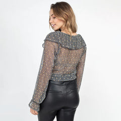 Polka Dot Ruffle Long Sleeves Transparent Blouse