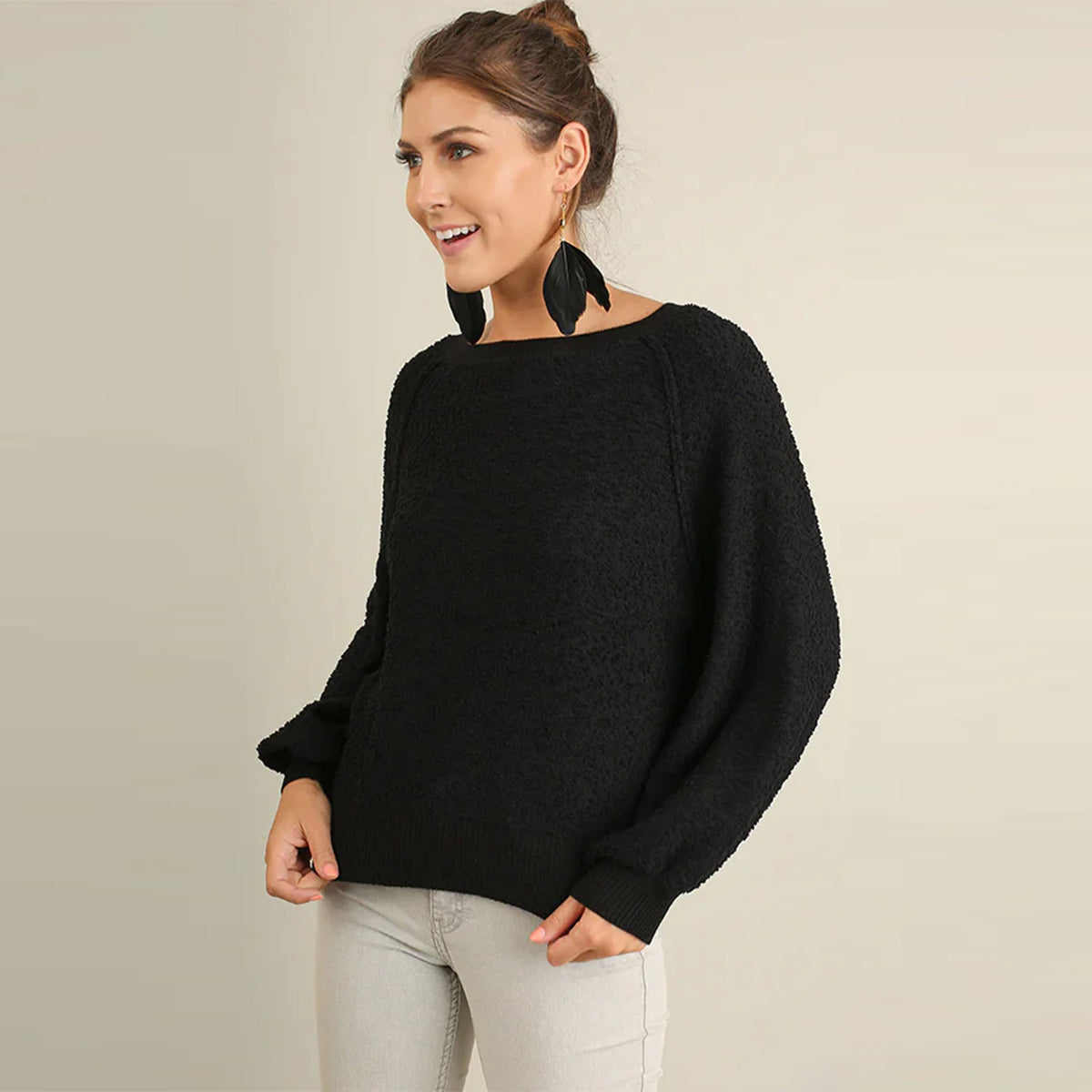 Puff Sleeve Boat Neck Women's Sweater