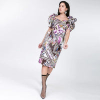 Puff Sleeve Bodycon Print Dress - Pink and Blue