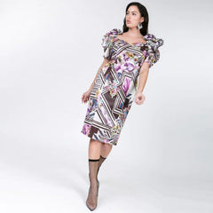 Puff Sleeve Bodycon Print Dress - Pink and Blue