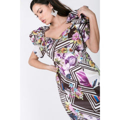 Puff Sleeve Bodycon Print Dress - Pink and Blue
