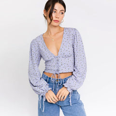 Puff Sleeve Lace Up V Neck Top