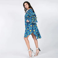Puffy Ruffle Sleeve Smocking Off Shoulder Print