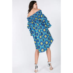 Puffy Ruffle Sleeve Smocking Off Shoulder Print