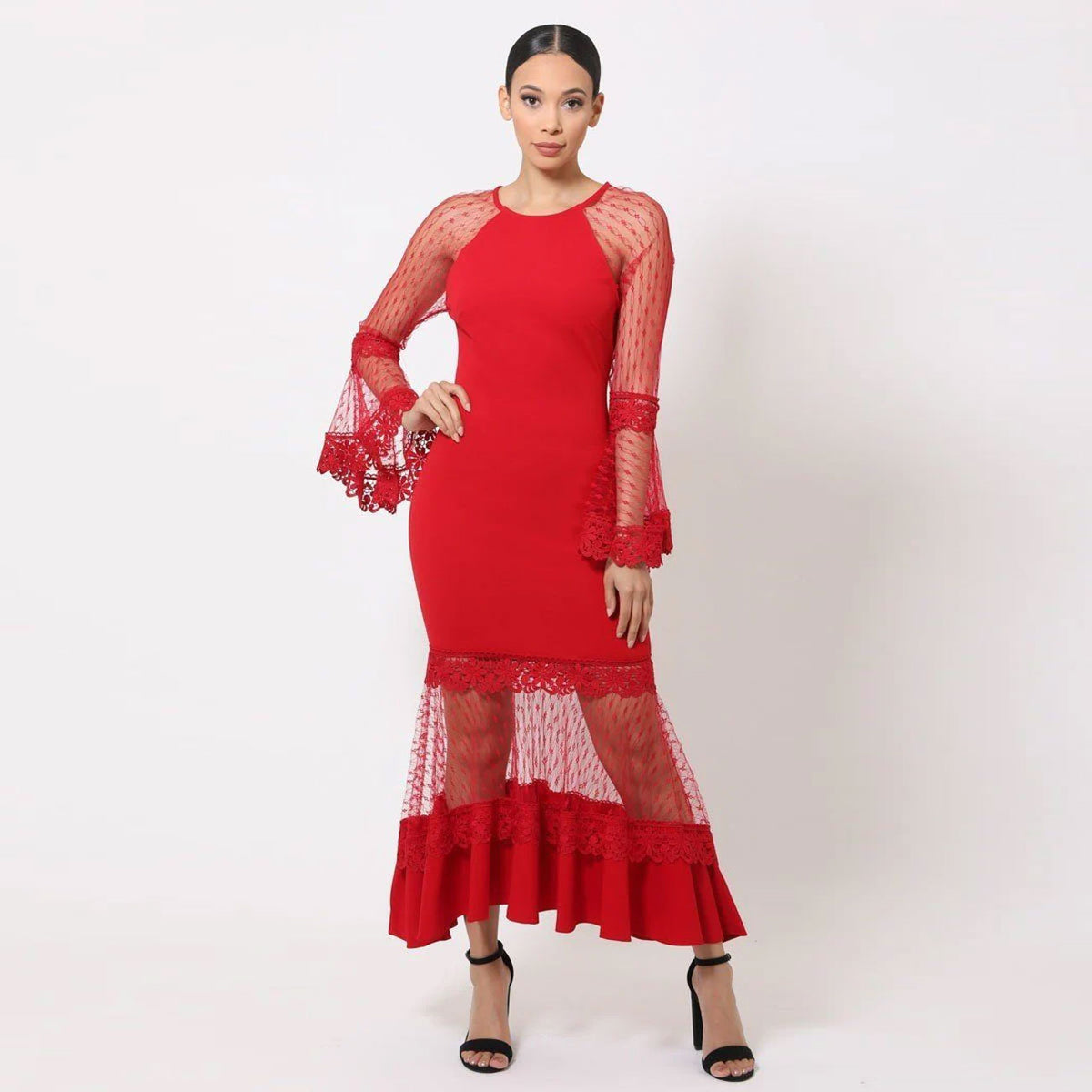 Red Bell Sleeve Mesh Combined Fashion Long Dress