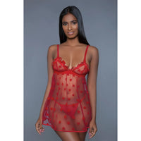 Red Fine Mesh Heart Designed Women's Slip Dress