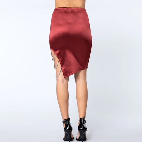 Red Jewel Strap Satin Midi Skirt