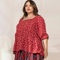 Red Tiny Floral Printed Square Neckline Plus Women's Top