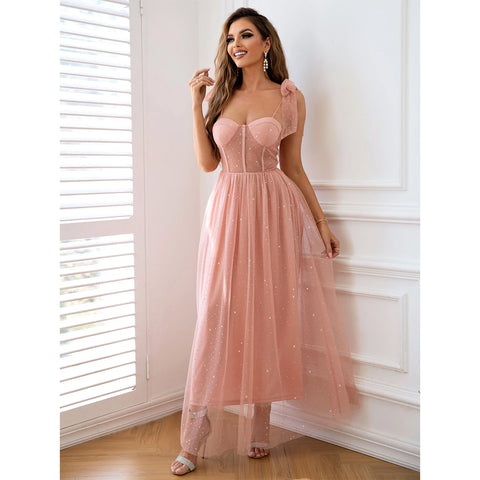 Rhinestone Mesh Overlay Tie-Shoulder Dress