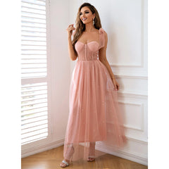 Rhinestone Mesh Overlay Tie-Shoulder Dress