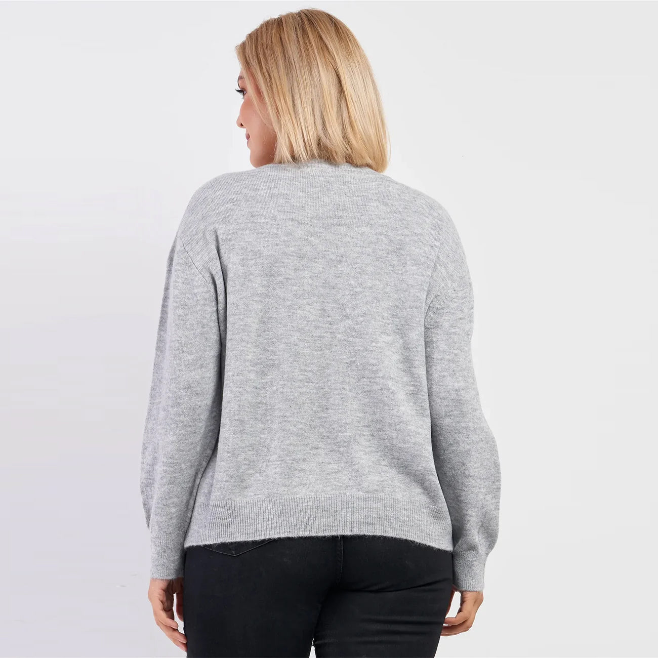 Ribbed Fleece Long Sleeve Plus Size Sweater - Grey