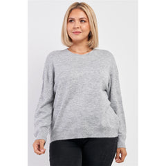 Ribbed Fleece Long Sleeve Plus Size Sweater - Grey