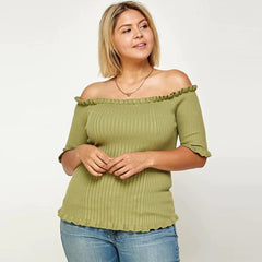 Rib Knit Off Shoulder Short Sleeve Plus Size Women's Top
