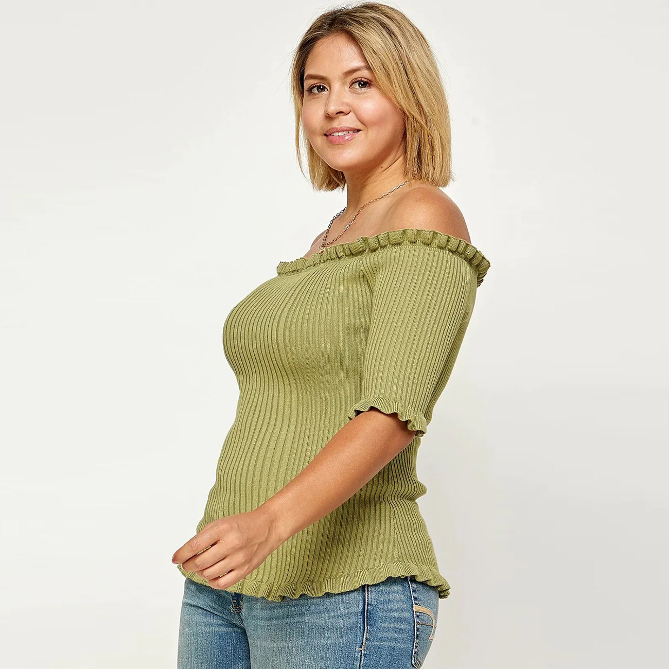 Rib Knit Off Shoulder Short Sleeve Plus Size Women's Top