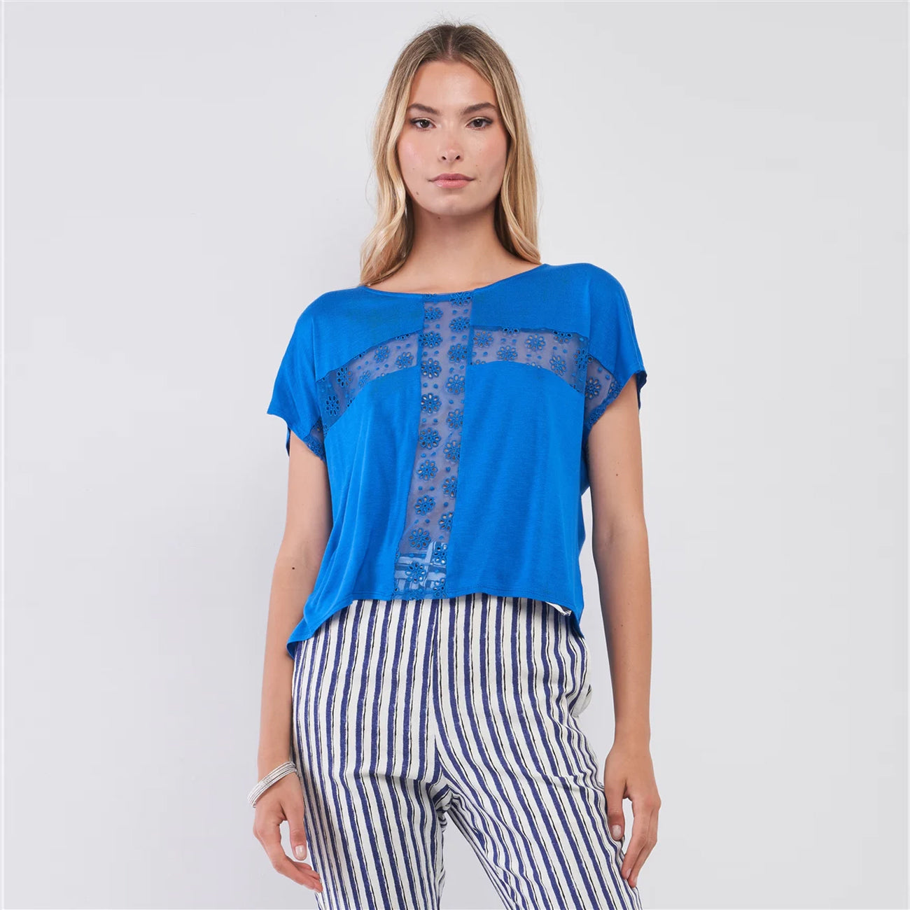 Royal Blue Boat Neck Cross Floral Embroidery Women's Top