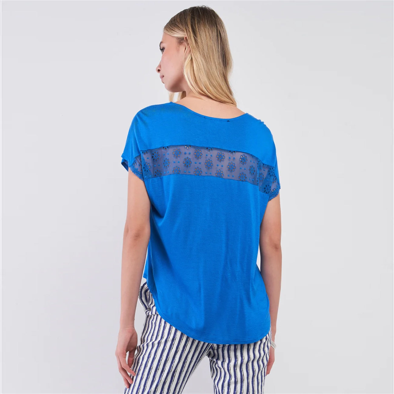 Royal Blue Boat Neck Cross Floral Embroidery Women's Top