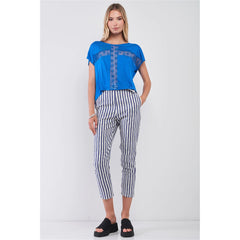 Royal Blue Boat Neck Cross Floral Embroidery Women's Top