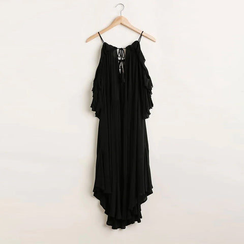 Ruffled Cold Shoulder Maxi Dress - Black