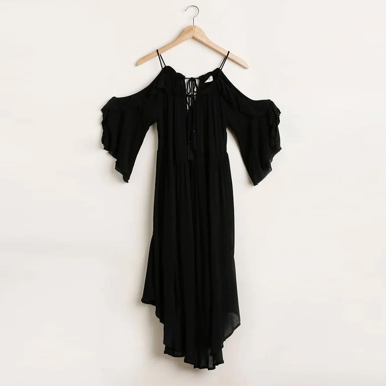 Ruffled Cold Shoulder Maxi Dress - Black