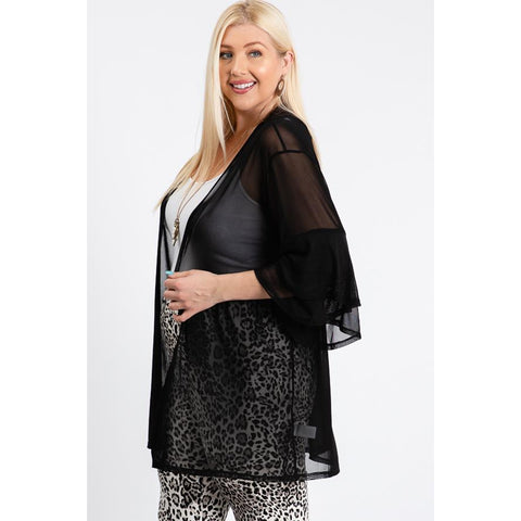 Ruffle Sleeve Open Cardigan - Black