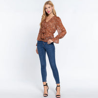 Ruffle Sleeve Peplum Floral Print Woven 