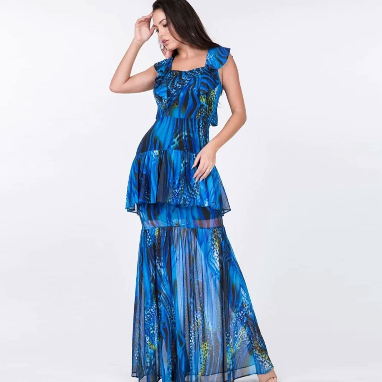 Ruffle Sleeve Tiered Bottom Print Long Dress