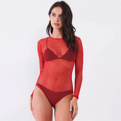 Sexy Fine Fishnet Crew Neck Long Sleeve Women's Bodysuit