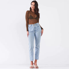 Sexy Fine Fishnet Sheer Mesh Crew Neck Long Sleeve Bodysuit