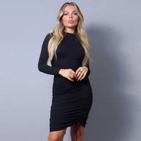 Sexy Long Sleeve Mock Neck Side Mini Dress - Black