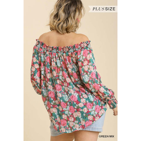 Sheer Floral Print Metallic Threading Long Sleeve Off Shoulder Top